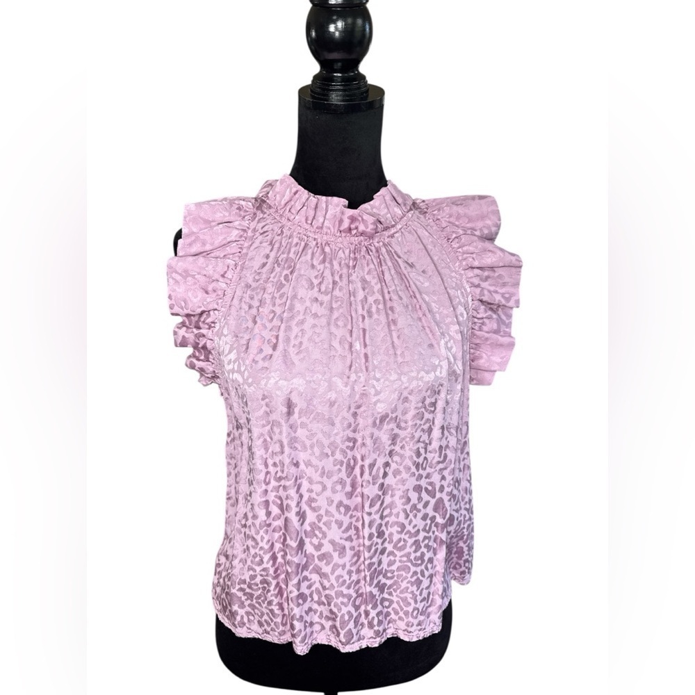 Karlie Lilac Leopard Jacquard Ruffle Sleeve Blouse Size Small - Picture 2 of 8